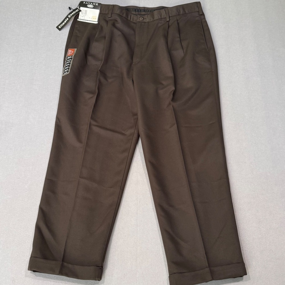 Savane Dress Pants Mens 40x30 Chestnut Brown Pleated Cuffed Climate Control
